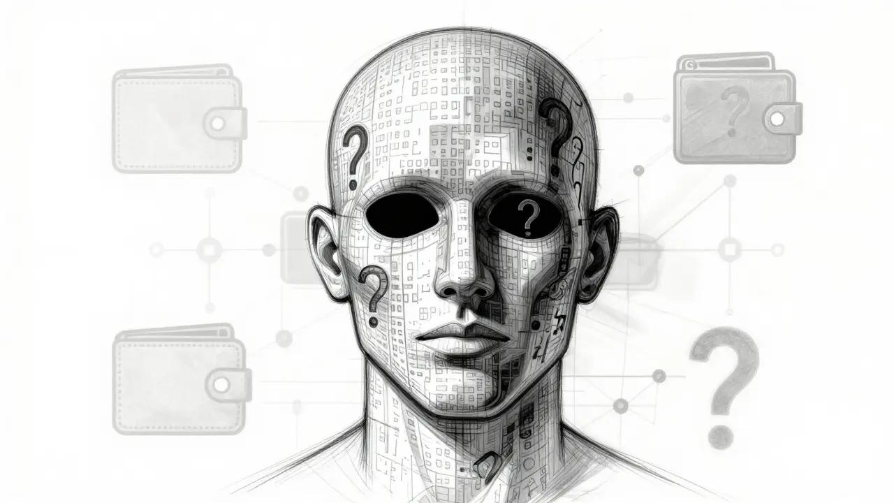Line art of an anonymous face obscured by crypto code patterns