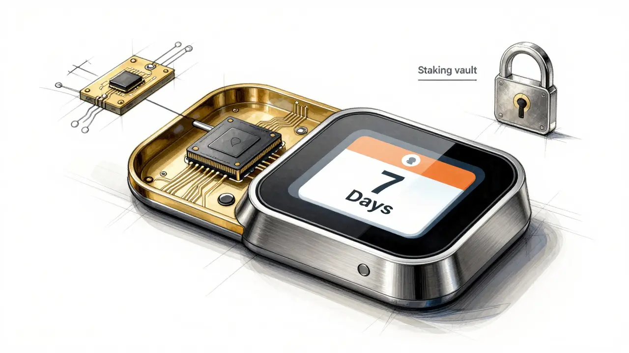 Product design sketch of a luxury staking vault with a 7-day lock indicator