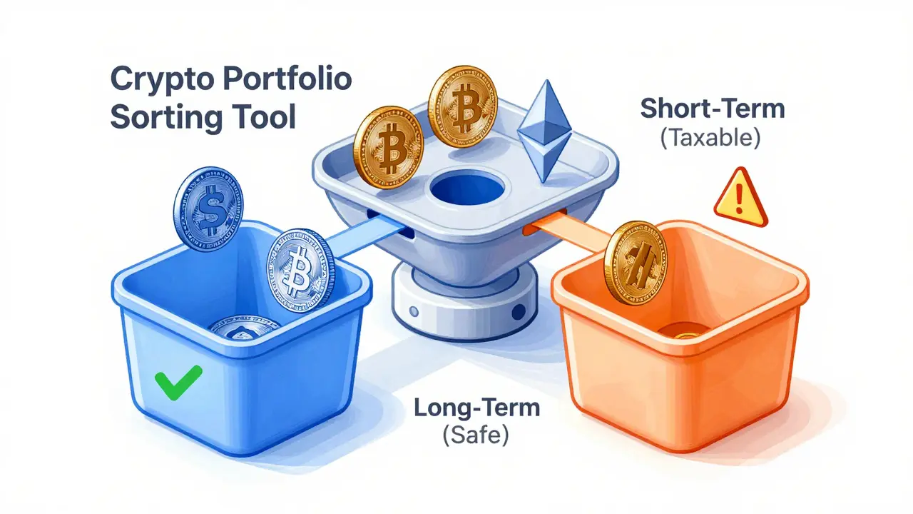 Product design sketch of a sorting tool separating long-term and short-term crypto assets.
