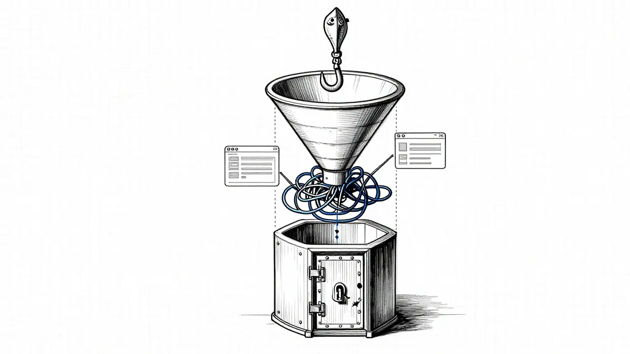 Technical drawing of a crypto scam funnel mechanism parts