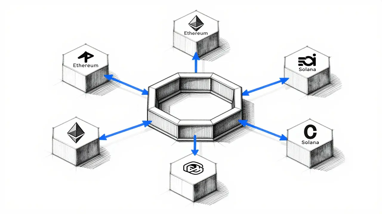 Technical sketch of a multi-chain bridge connecting six blockchain nodes