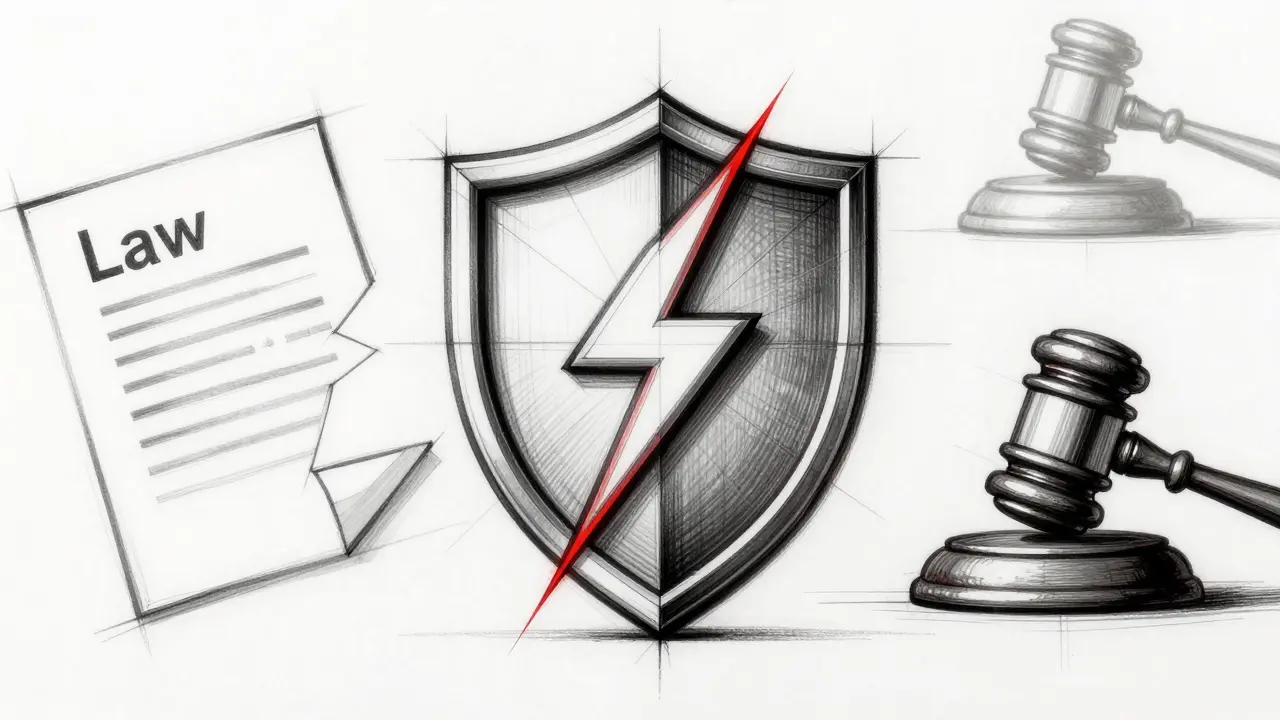 Technical sketch of fractured shield symbolizing crypto legal risks
