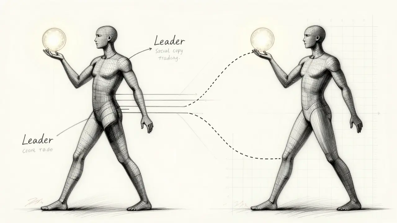 Wireframe illustration of two traders connected by sync lines