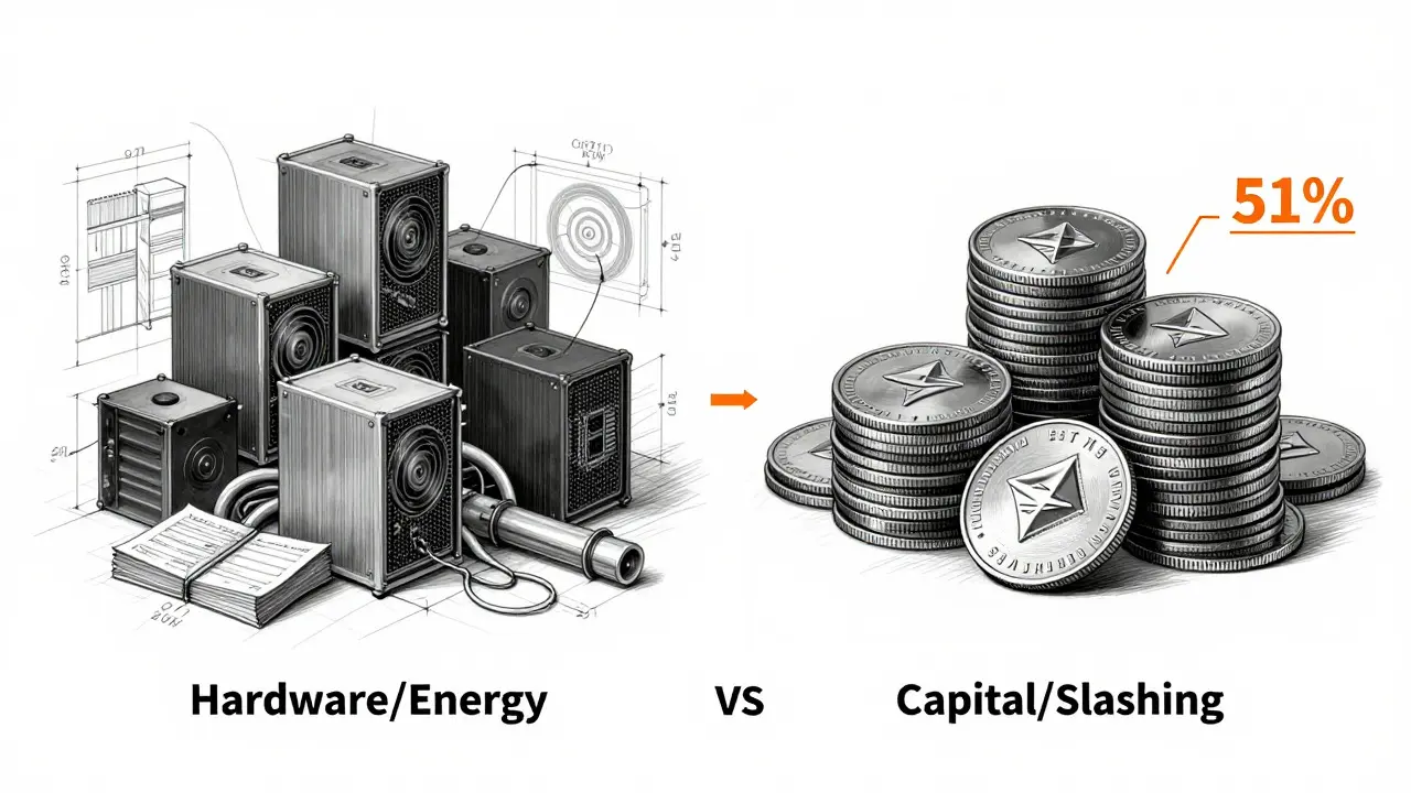 Blueprint comparing costs of attacking PoW vs PoS blockchains