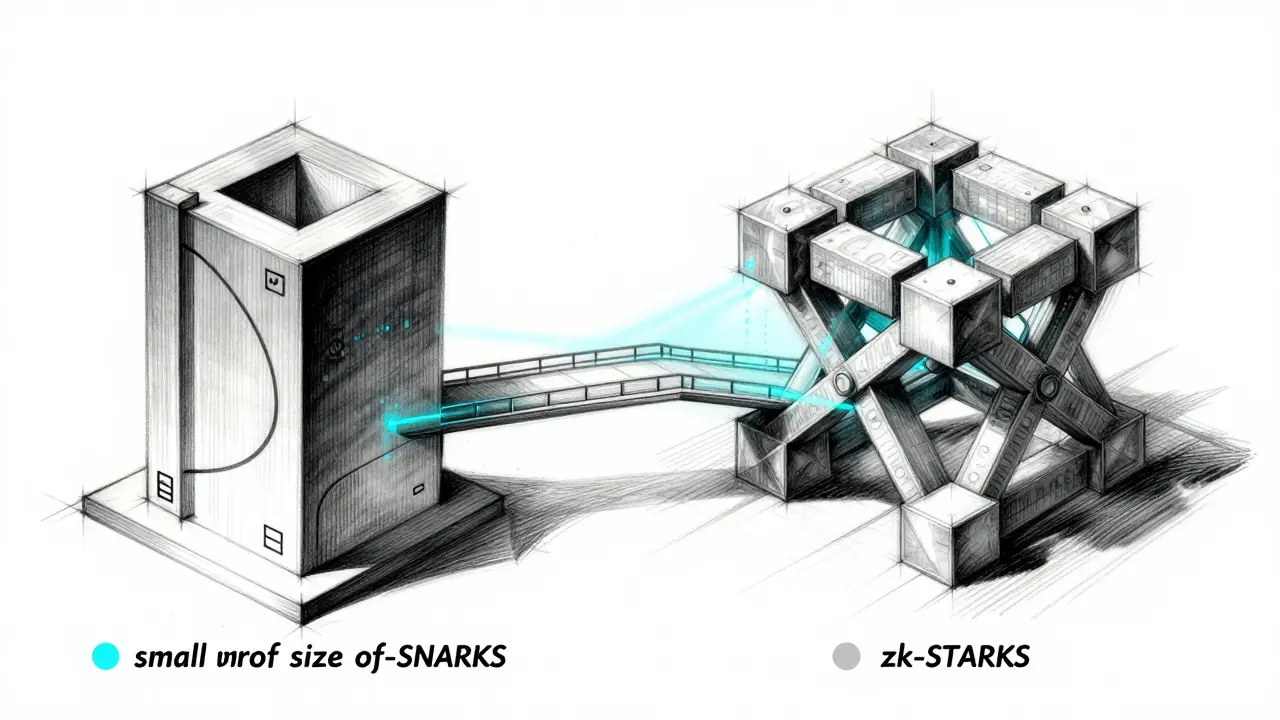 Conceptual sketch comparing compact and lattice structures for blockchain proofs.