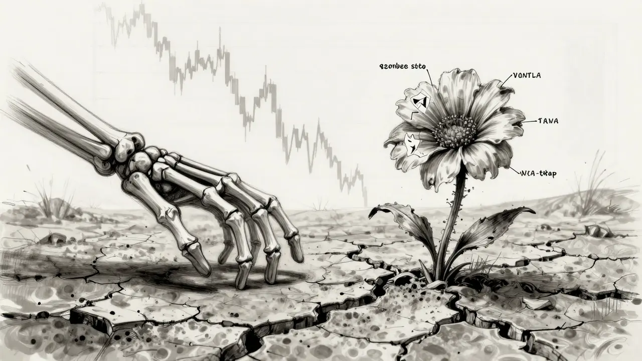 Conceptual sketch of a skeletal hand reaching for a wilting crypto token.
