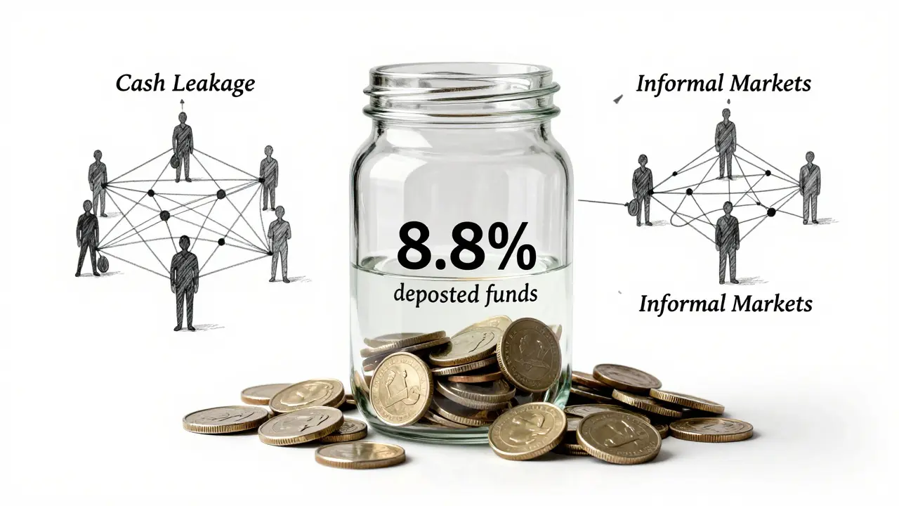 Conceptual sketch showing low liquidity in a jar with coins scattered outside