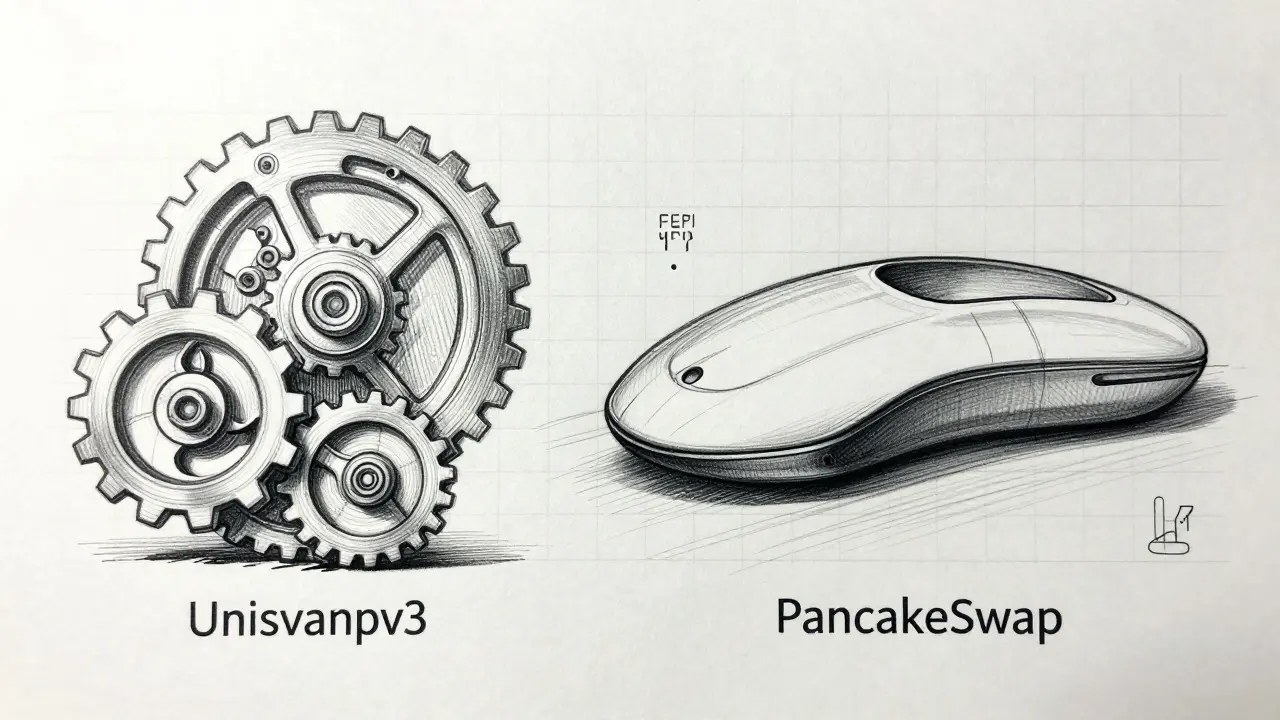 Design sketch comparing complex gears to a streamlined shape
