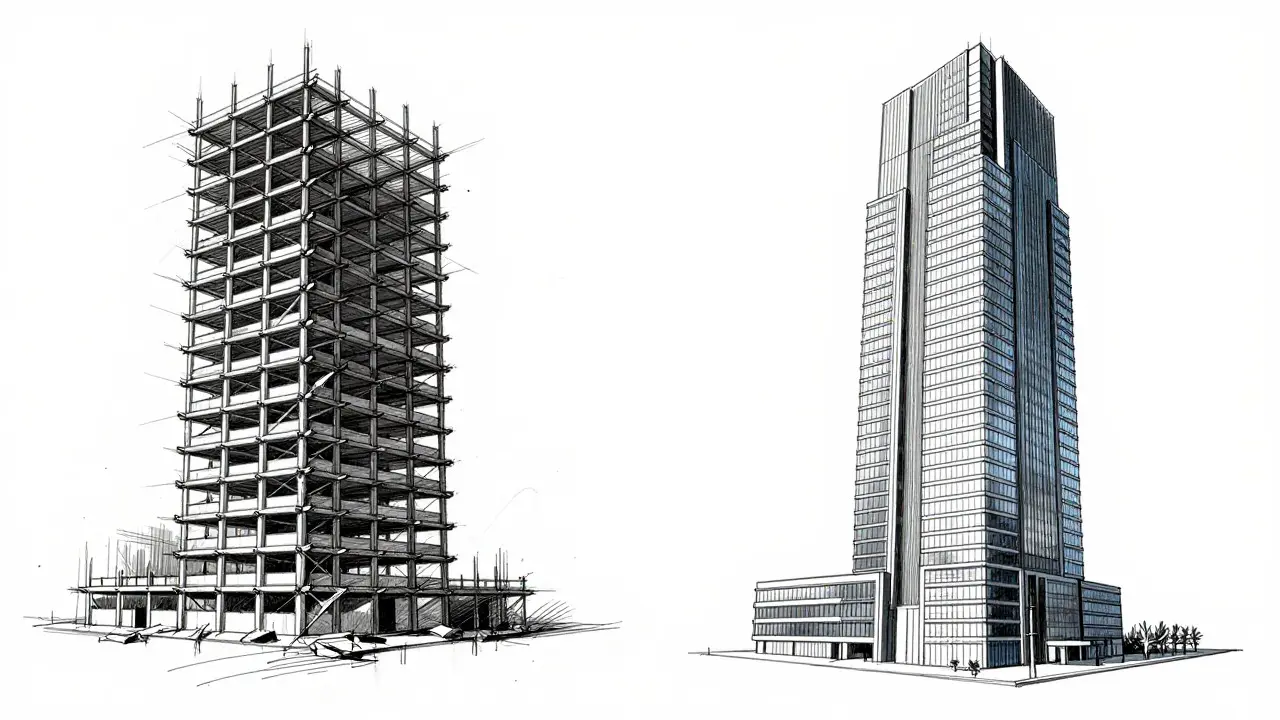 Design sketch contrasting a crumbling structure with a solid modern building.