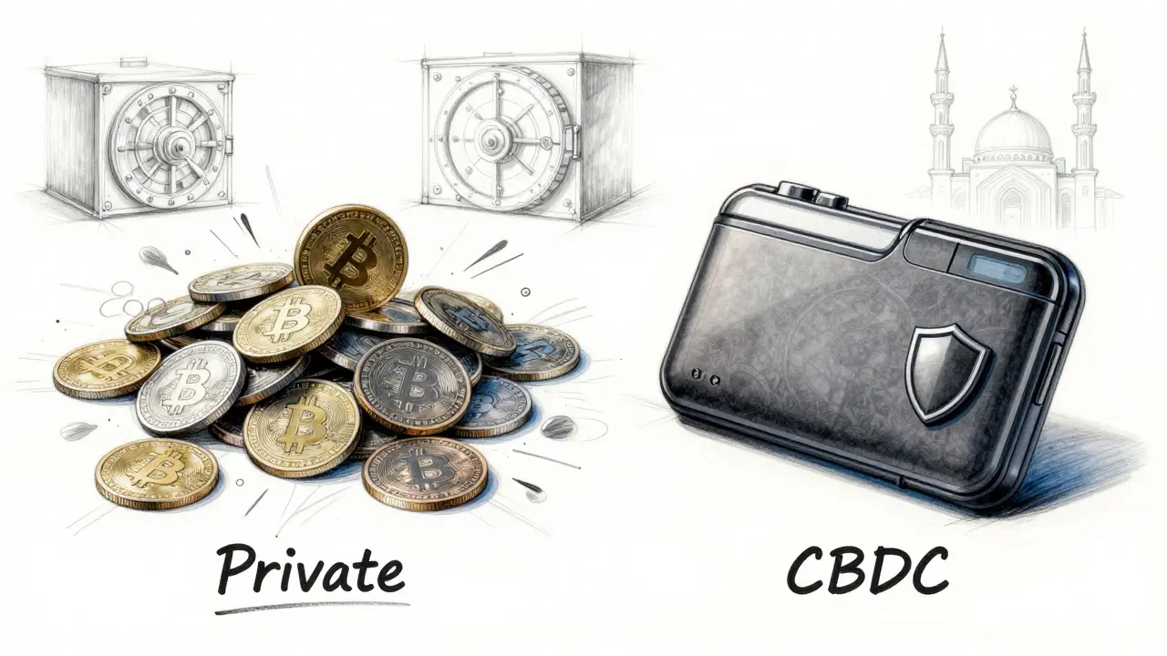 Design sketch contrasting chaotic private crypto tokens with a sleek state CBDC wallet
