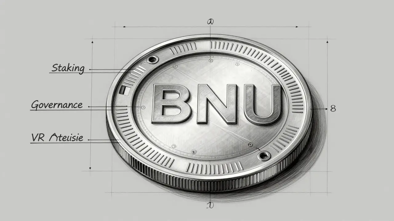 Design sketch of BNU token coin showing internal utility layers