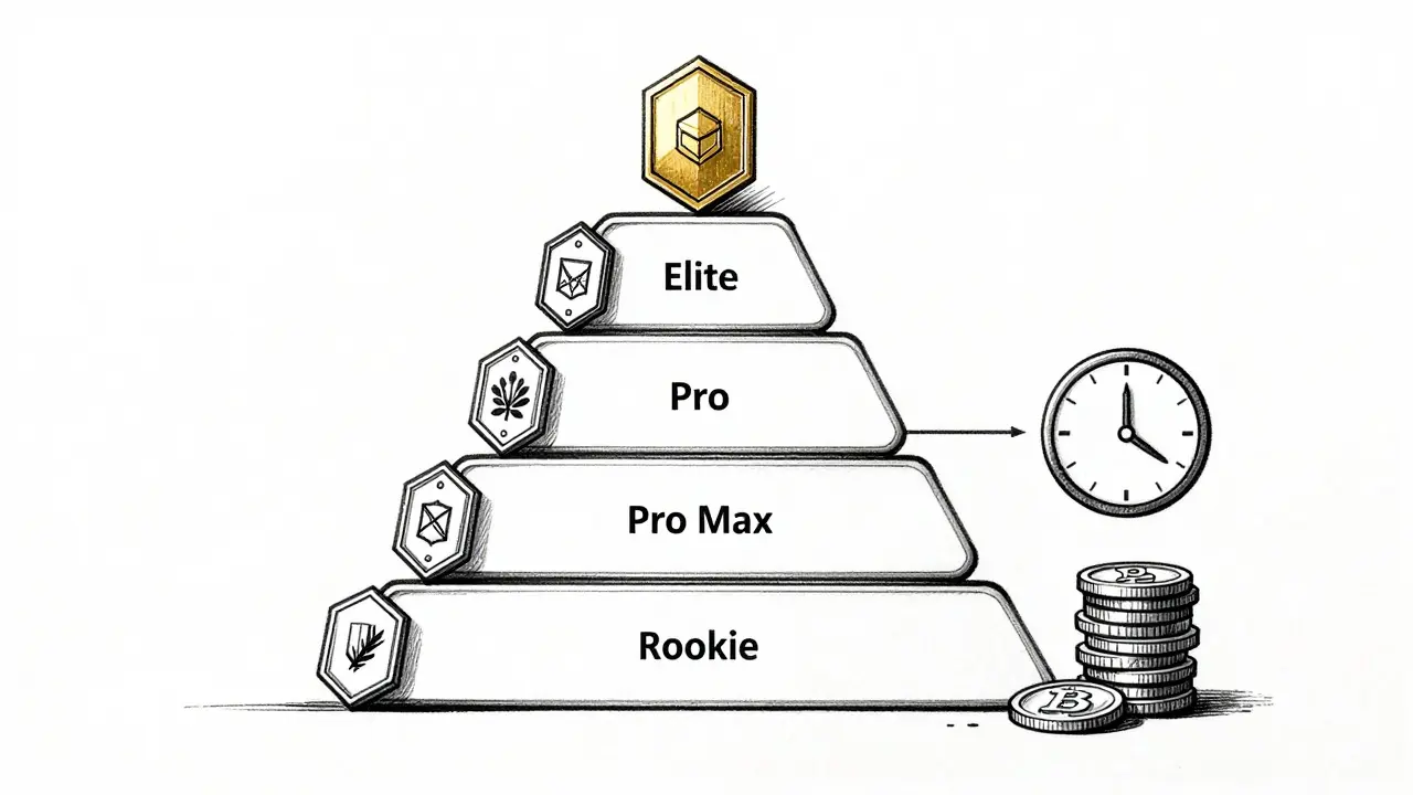 Design sketch of GAFI staking tiers from Rookie to Legend with lock icons.