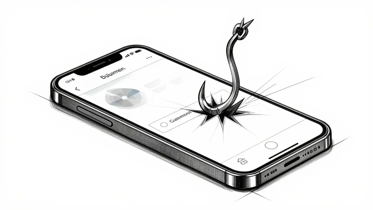 Design sketch showing a phone being hooked by a phishing trap.