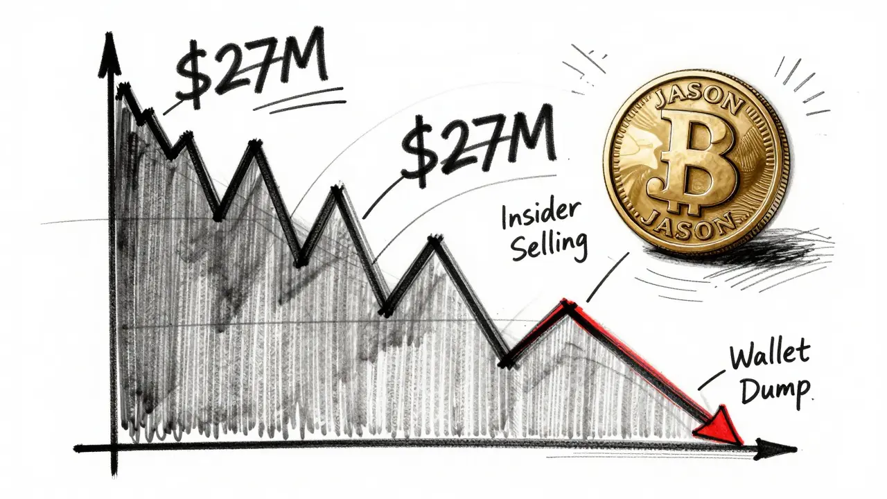 Design sketch showing JASON token price surge and sharp crash graph