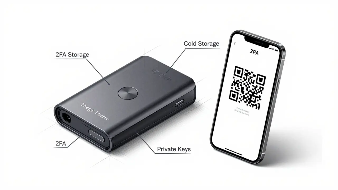 Exploded view sketch of hardware wallet for secure crypto storage