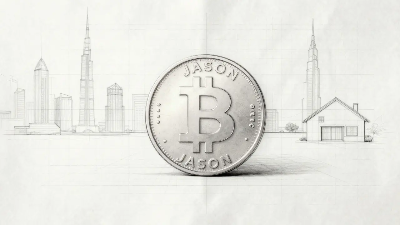 Faded sketch of dormant JASON coin with erased Dubai house outlines