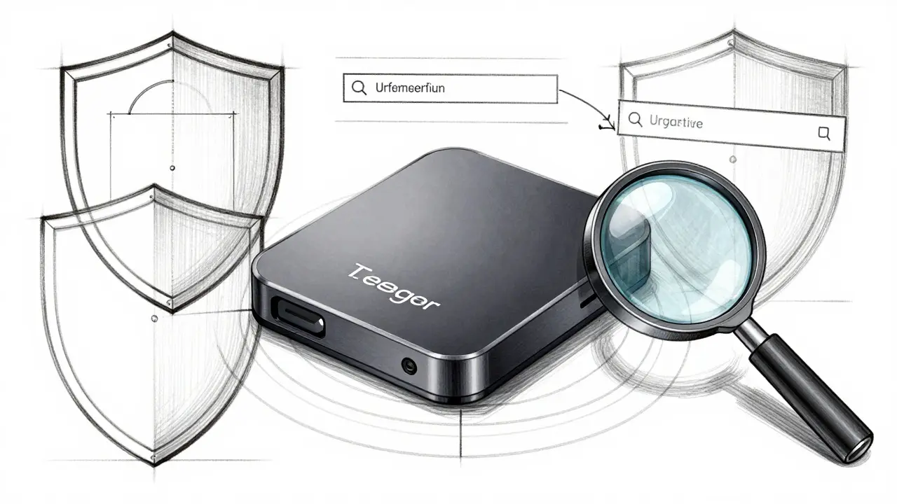 Technical drawing of a hardware wallet with security verification tools.