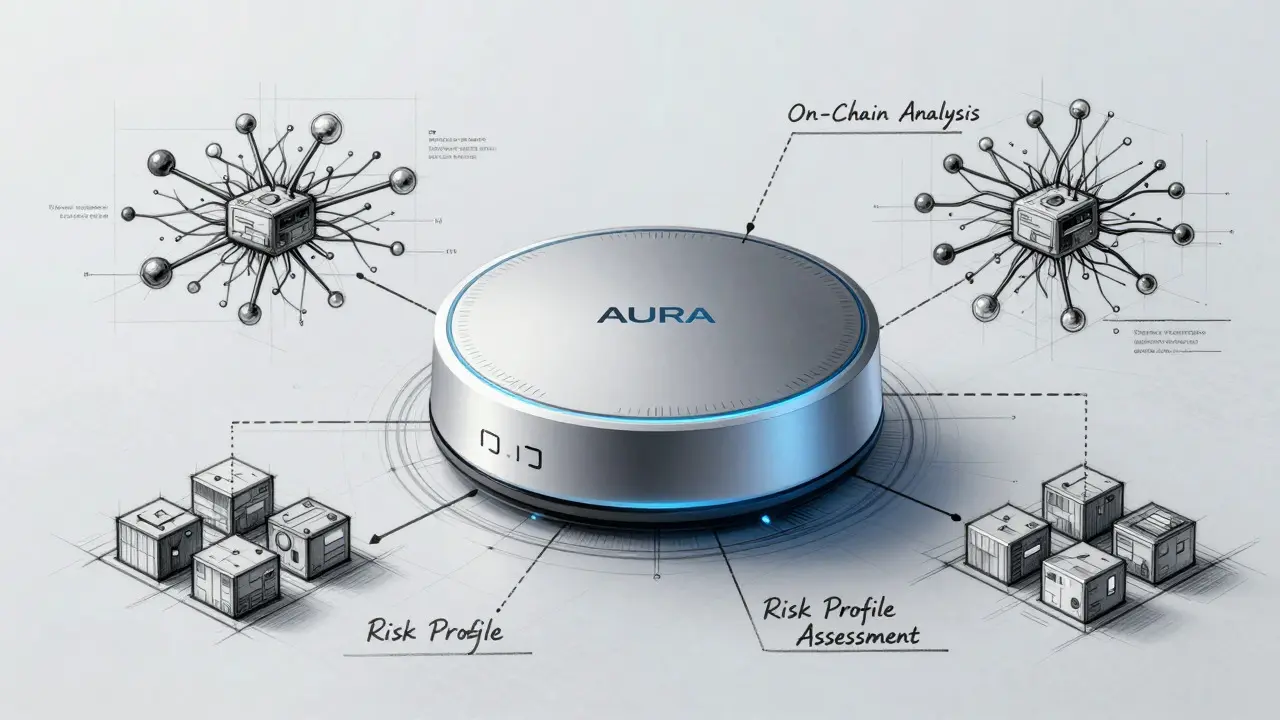 Technical drawing of the AURA AI agent device with neural network diagrams