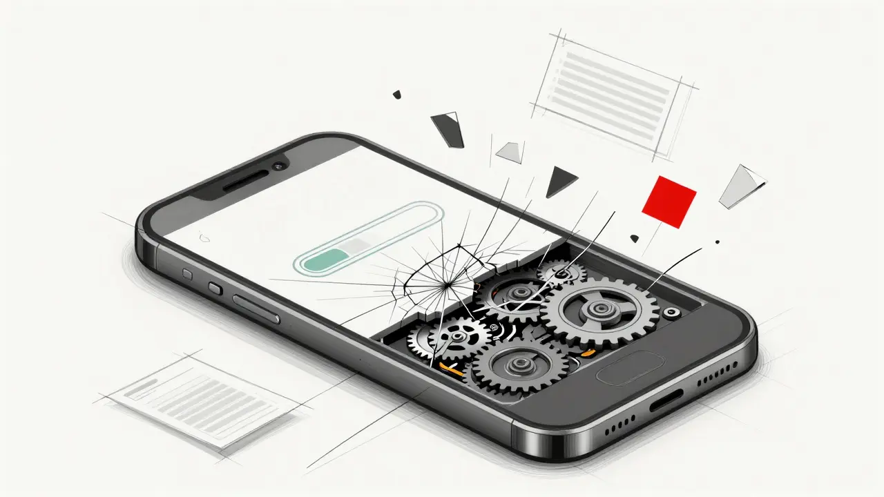 Technical sketch of crashing mobile app interface