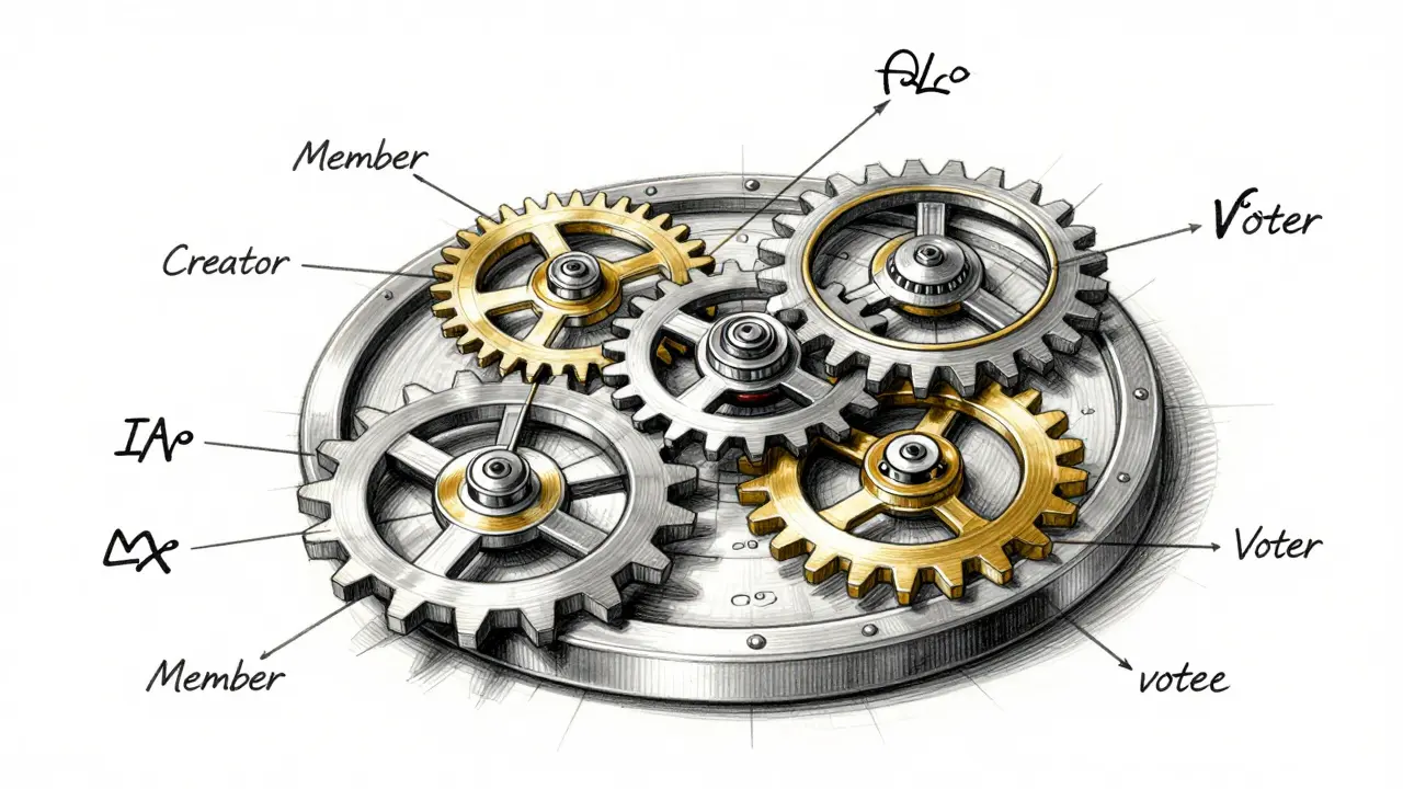 Technical sketch of interlocking gears representing community governance