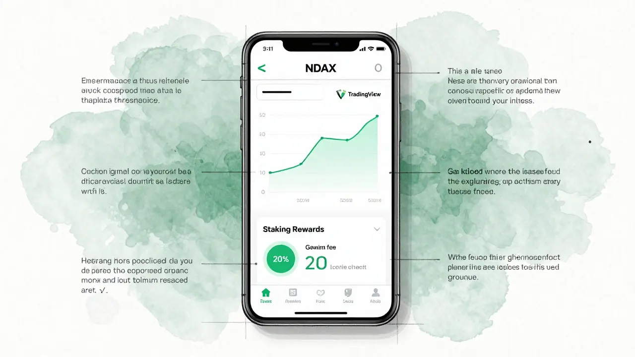 Wireframe sketch of NDAX mobile app staking and trading features