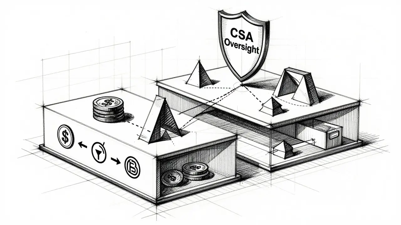 Architectural-style sketch depicting the dual regulatory layers of FINTRAC money services and CSA securities oversight.