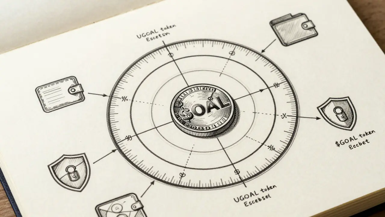 Blueprint style sketch of GOAL tokenomics chart and security mechanisms