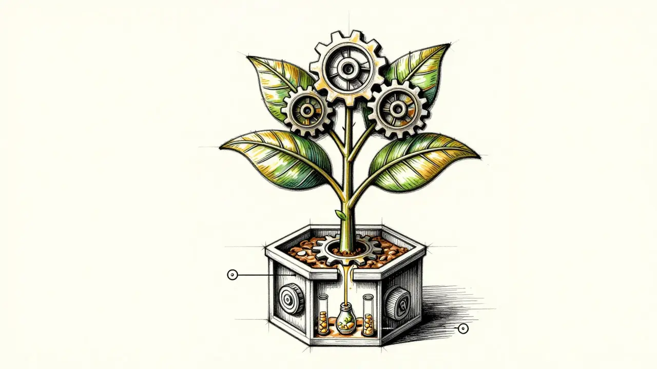 Botanical-mechanical sketch illustrating DeFi yield farming concepts