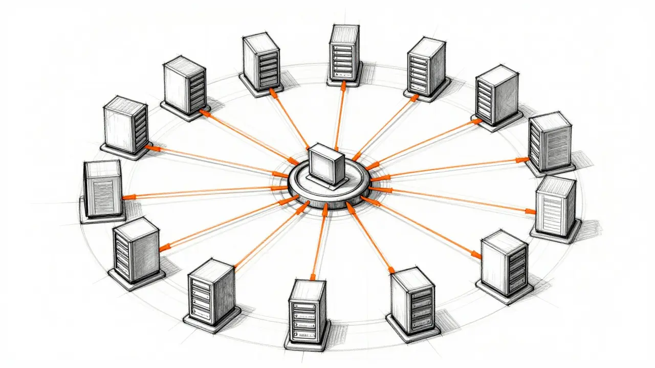 Circular arrangement of server nodes connected by lines showing decentralization