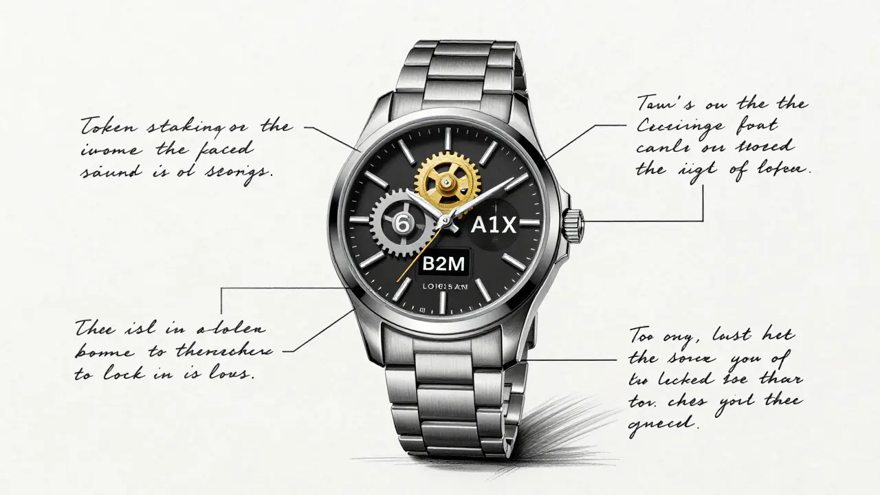 Design blueprint of a staking timer watch with blockchain gear mechanisms