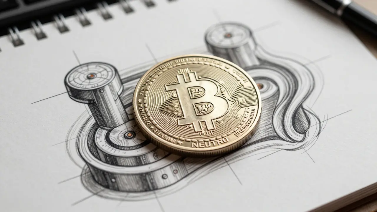 Design sketch of a NEUTRO coin surrounded by fluid liquidity pool illustrations
