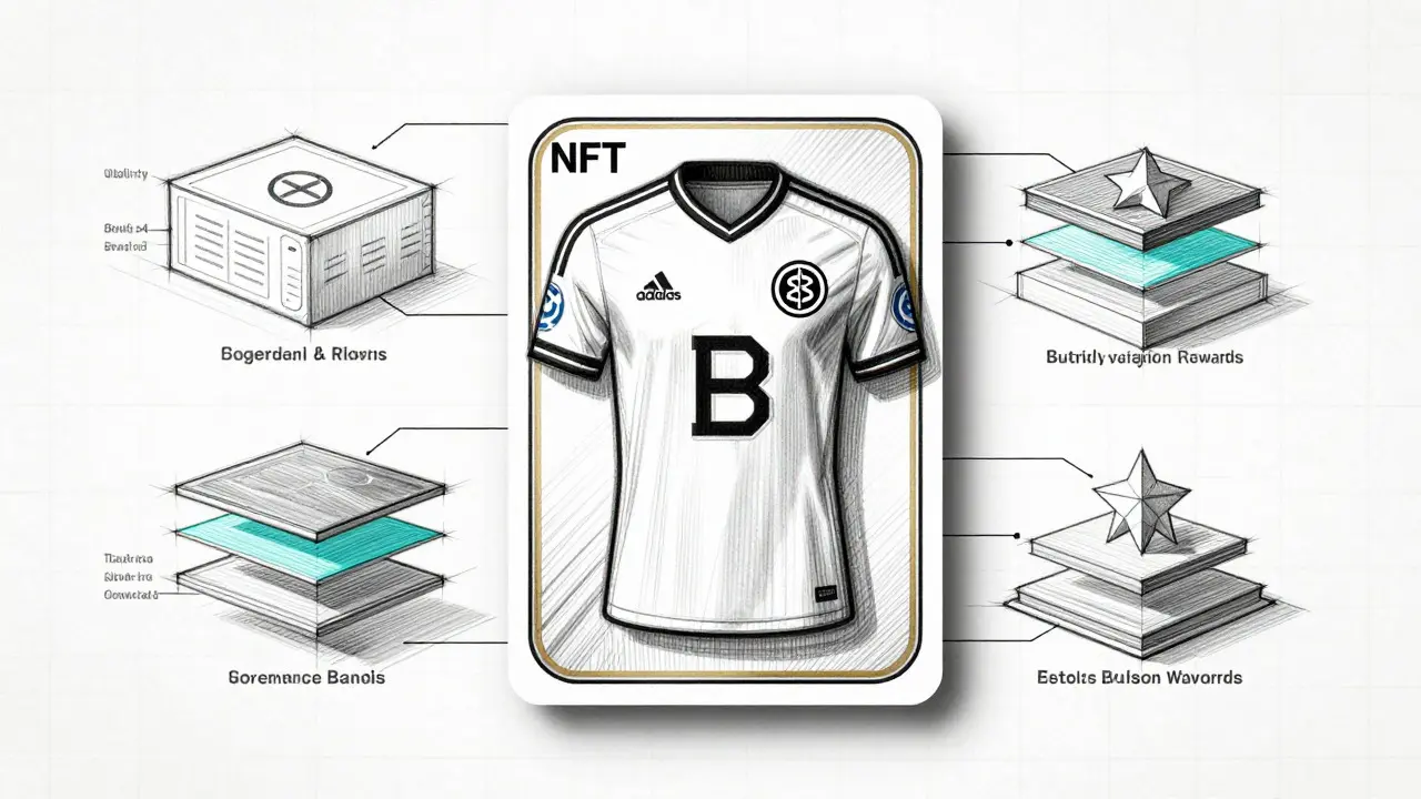 Design sketch of a premium NFT card showing utility layers and crypto symbols