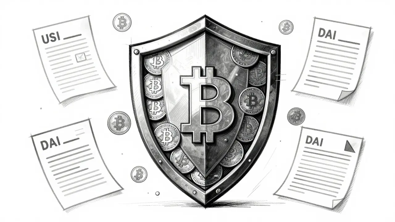 Design sketch of a protective shield made of digital coins symbolizing financial stability