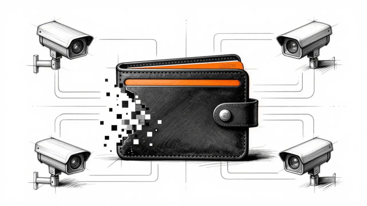 Design sketch of a wallet dissolving under converging surveillance lines