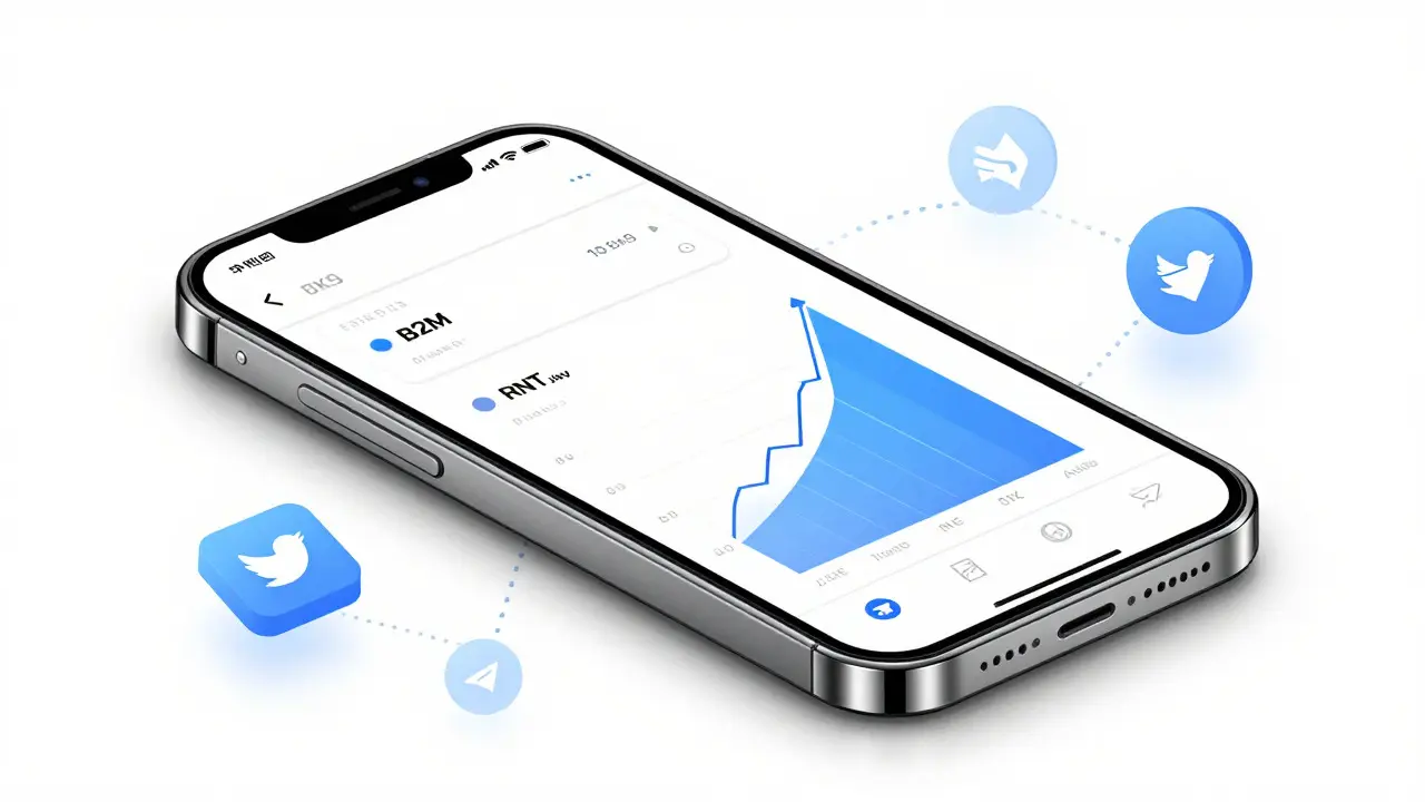 Fashion-style sketch of a smartphone showing crypto portfolio and token rewards