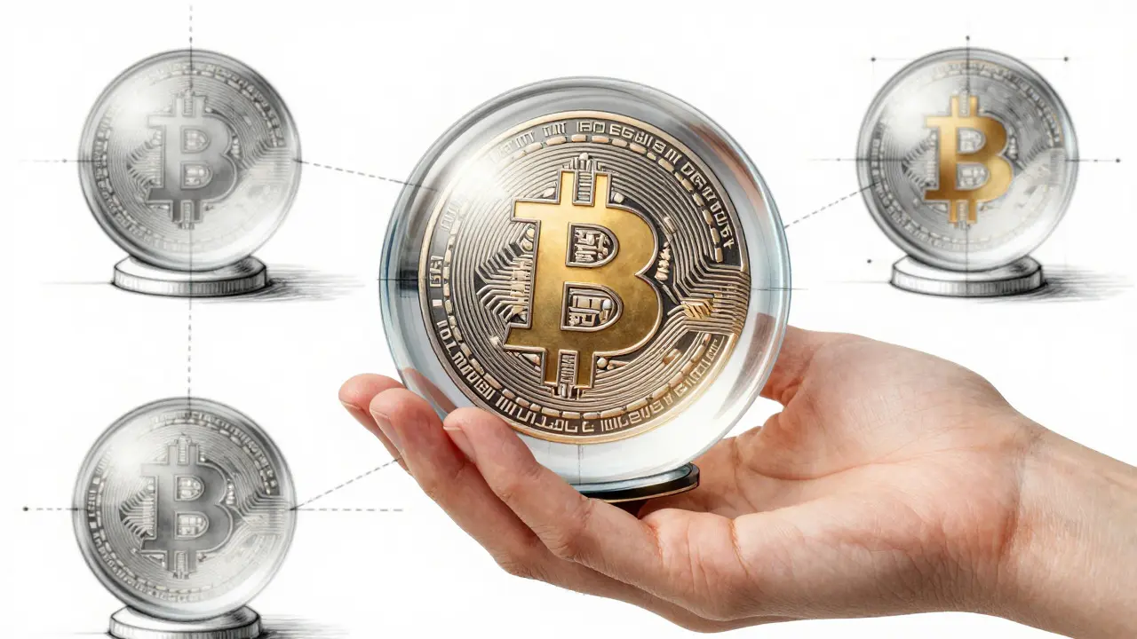Hand holding a glass sphere with a crypto token inside, representing staking