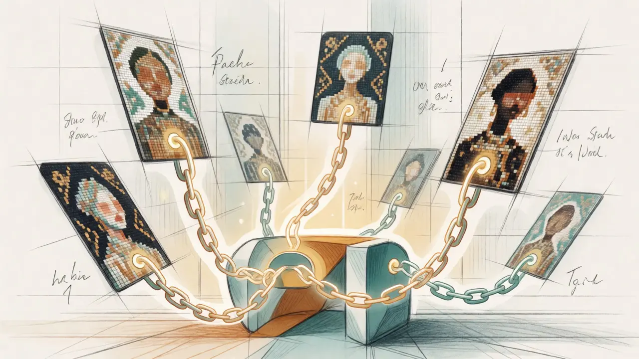Illustration of NFTs tethered to a vault via chains representing Nama Finance lending