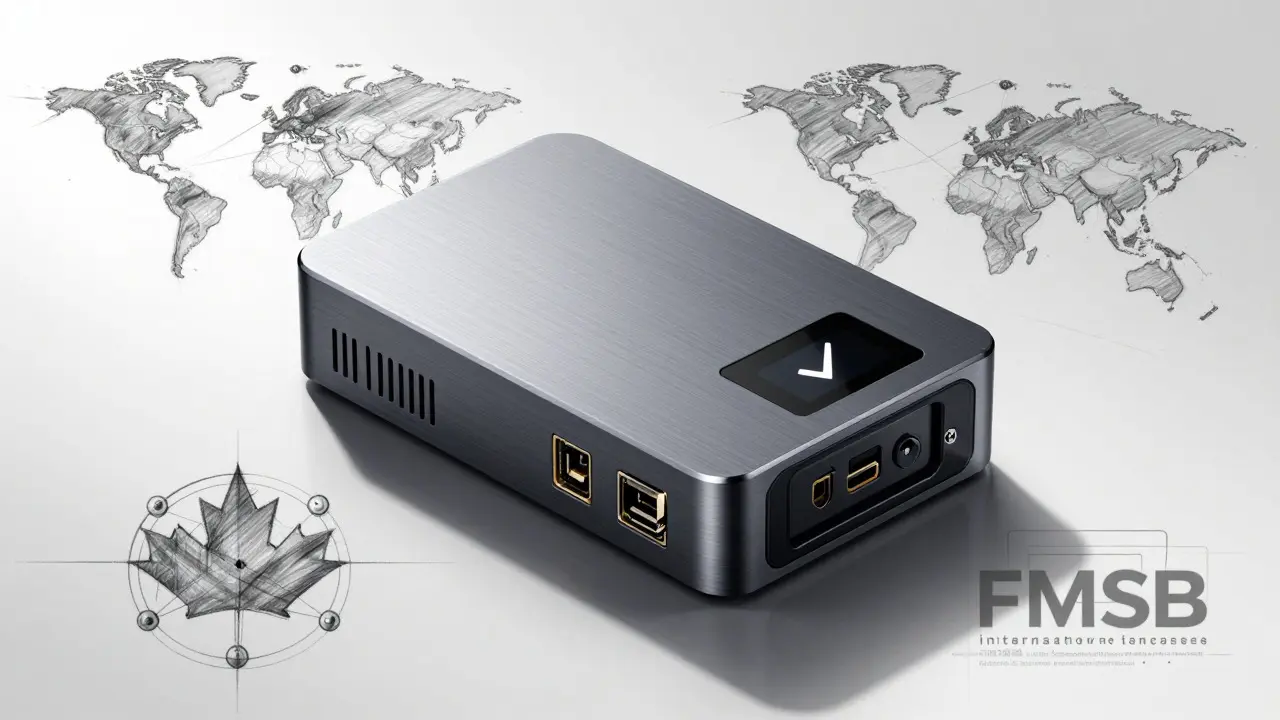 Industrial design sketch of a secure crypto hardware device symbolizing compliant and regulated exchange infrastructure.