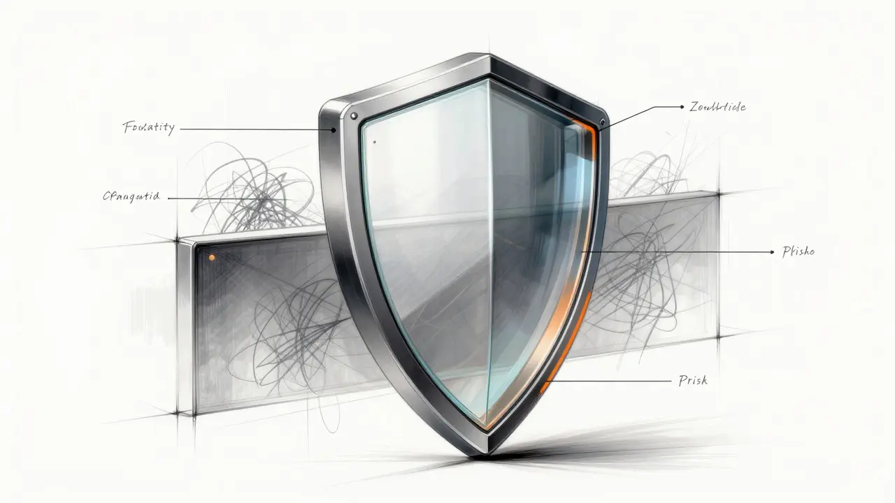 Layered shield design sketch representing cybersecurity and scam protection