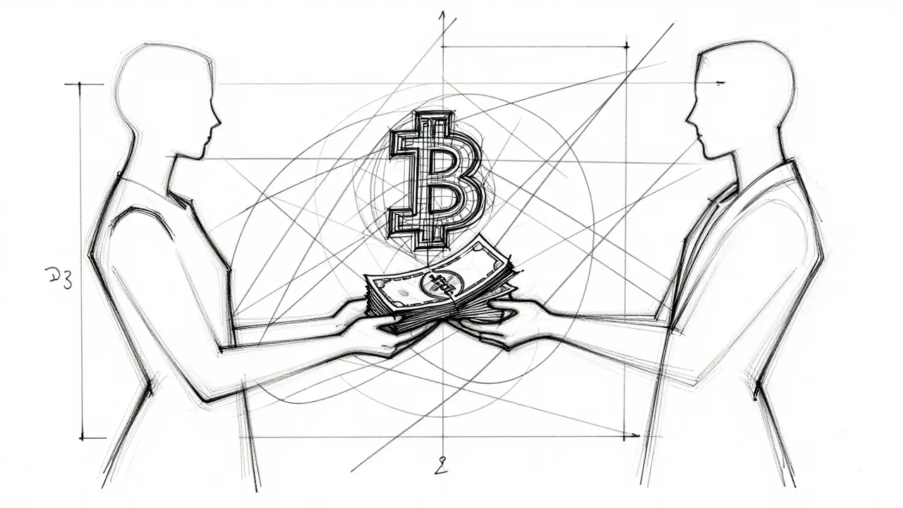 Line drawing of two figures exchanging cash for a wireframe crypto asset