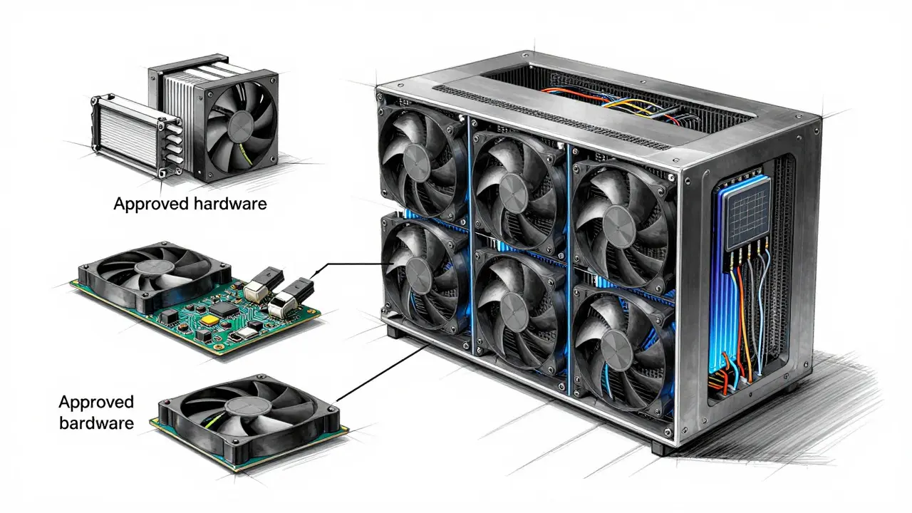 Product design sketch of a modular cryptocurrency mining rig with exploded view details