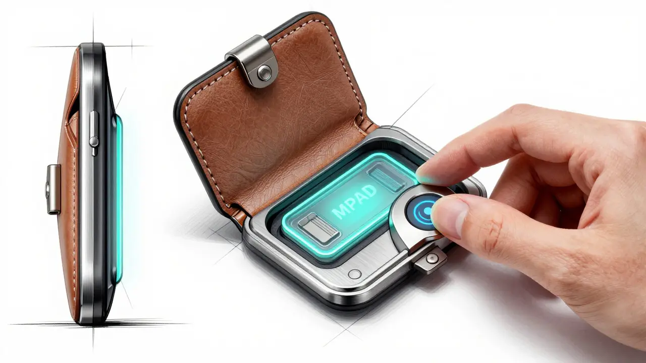 Product design sketch of a premium digital wallet holding glowing token chips