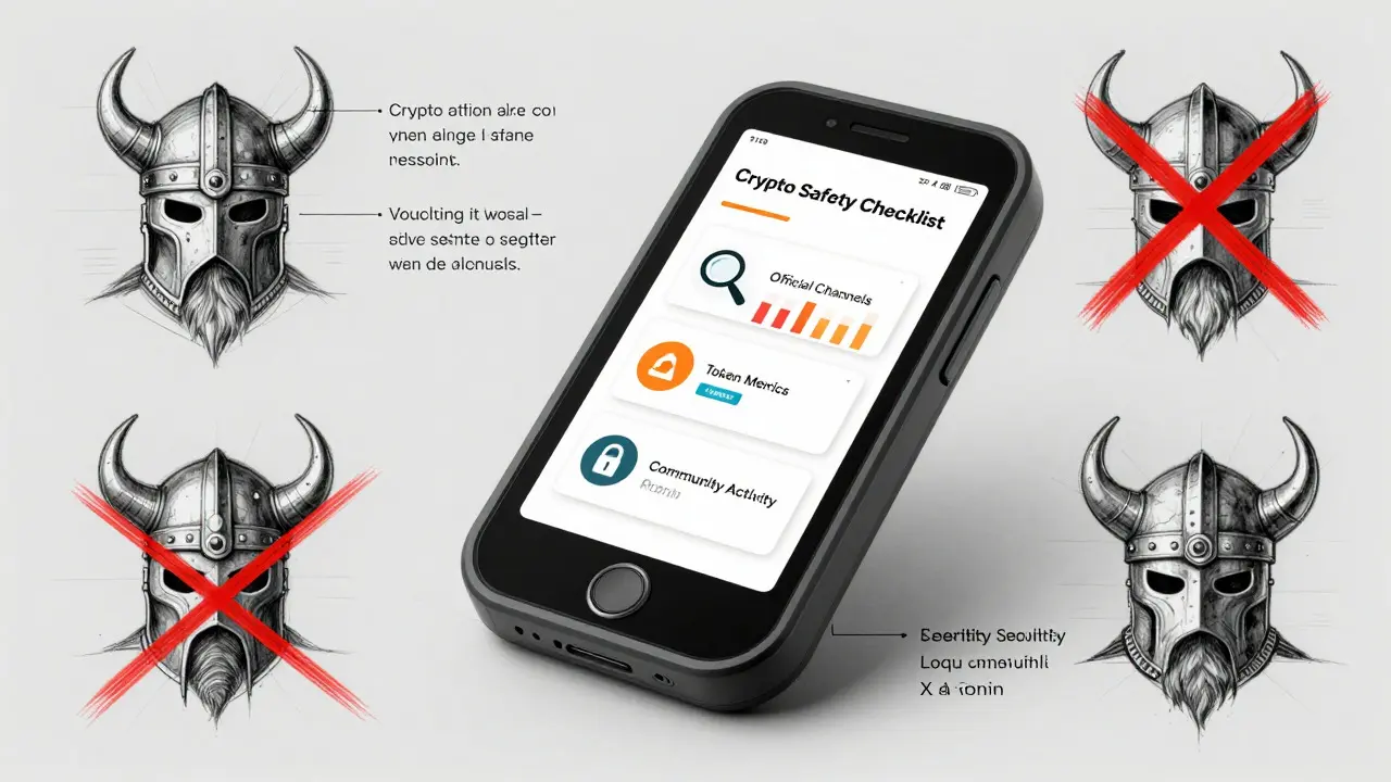 Product sketch of a crypto safety verification tool with checklist icons