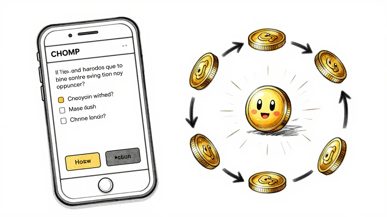 Product sketch of the Chomp quiz game interface and reward system