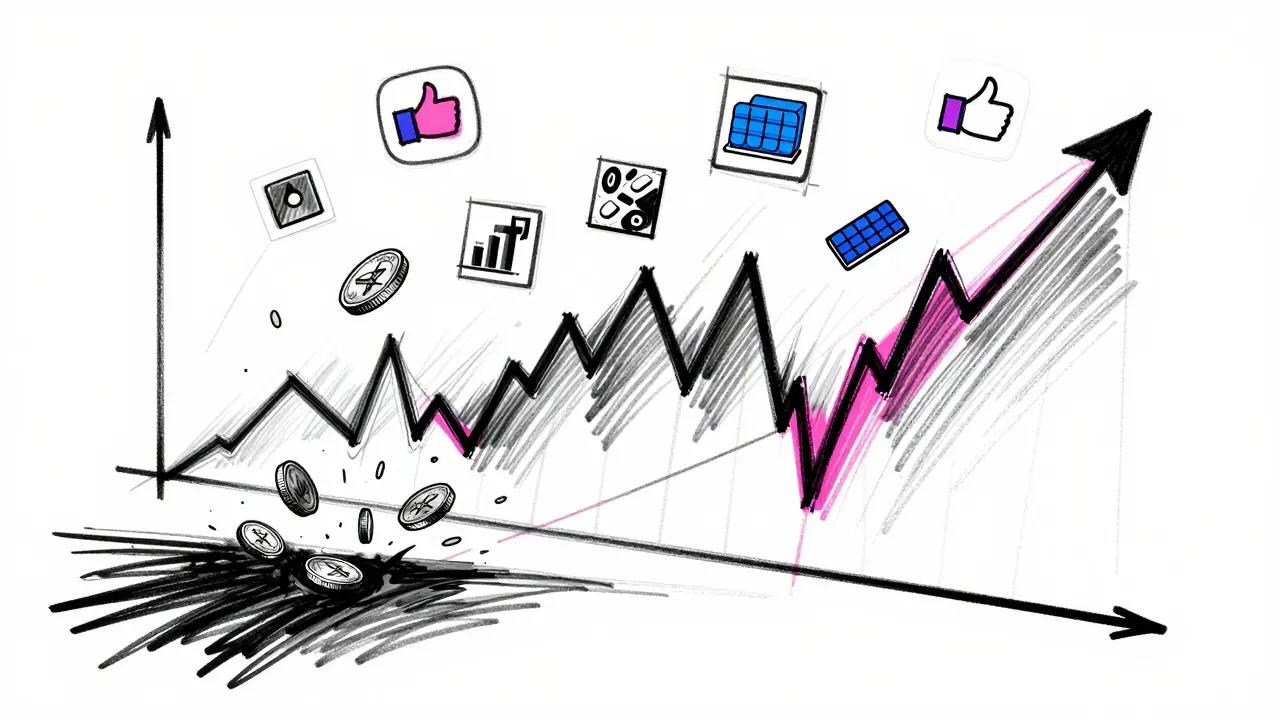 Product sketch showing a volatile price chart with falling coins