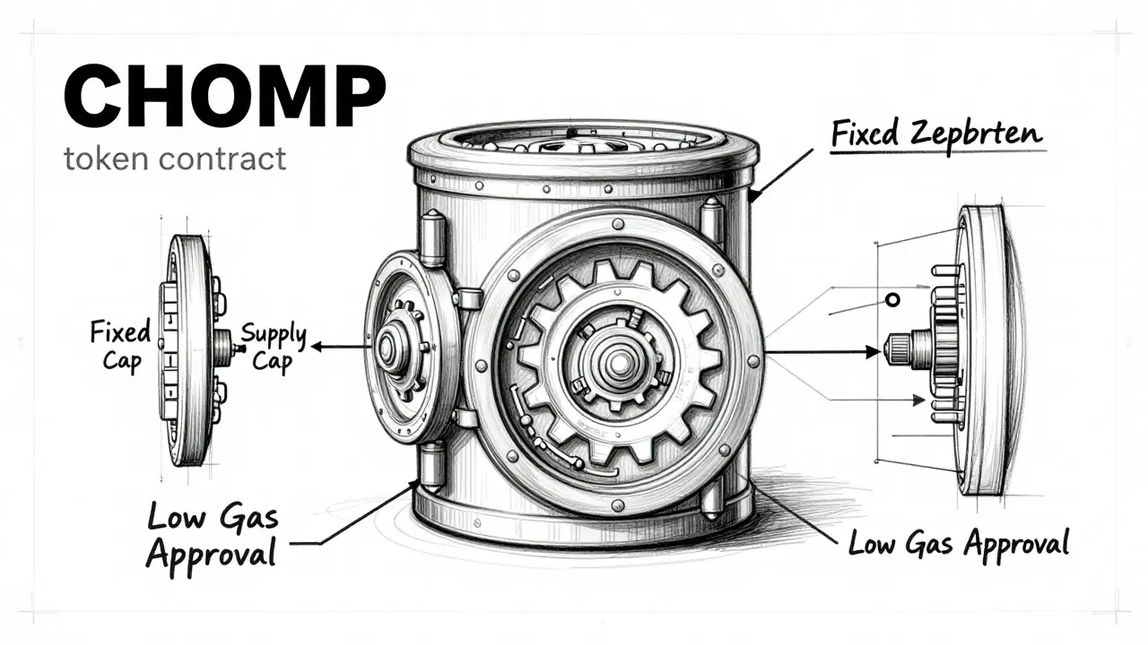 Technical blueprint sketch of the CHOMP token contract architecture