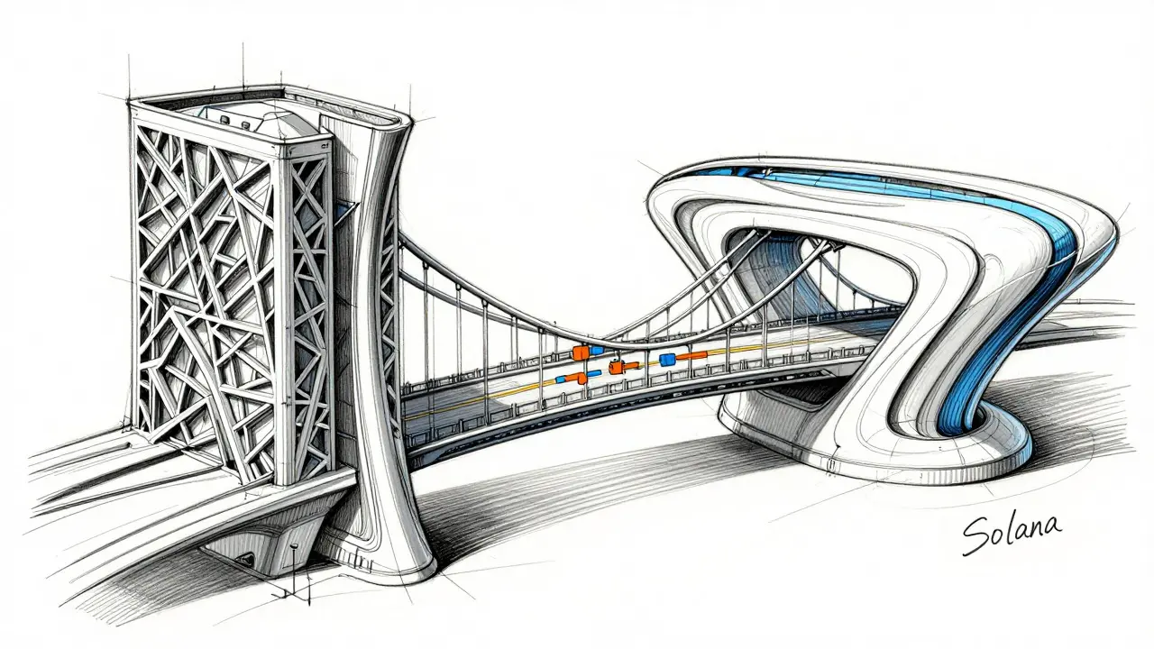 Technical drawing of a bridge connecting different blockchain networks