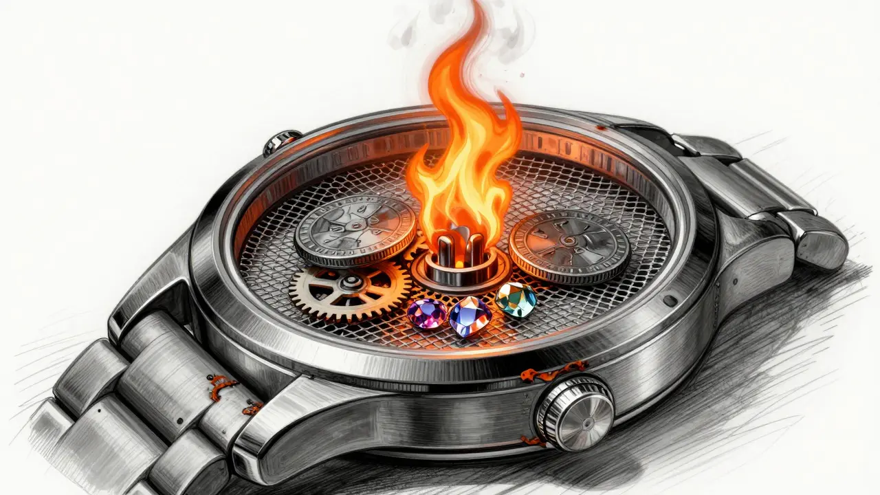 Technical illustration of a deflationary mechanism using fire and filtration metaphors