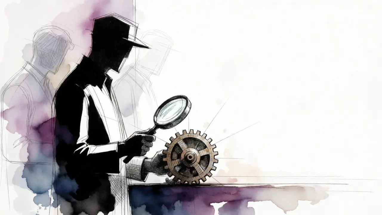 Trader examining a mechanical gear in a minimalist sketch