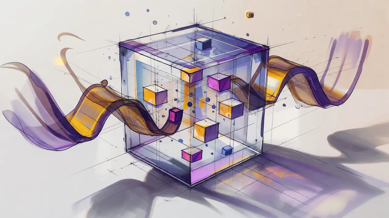 Abstract glass cube with floating data blocks and weaving ribbons representing hybrid blockchain.